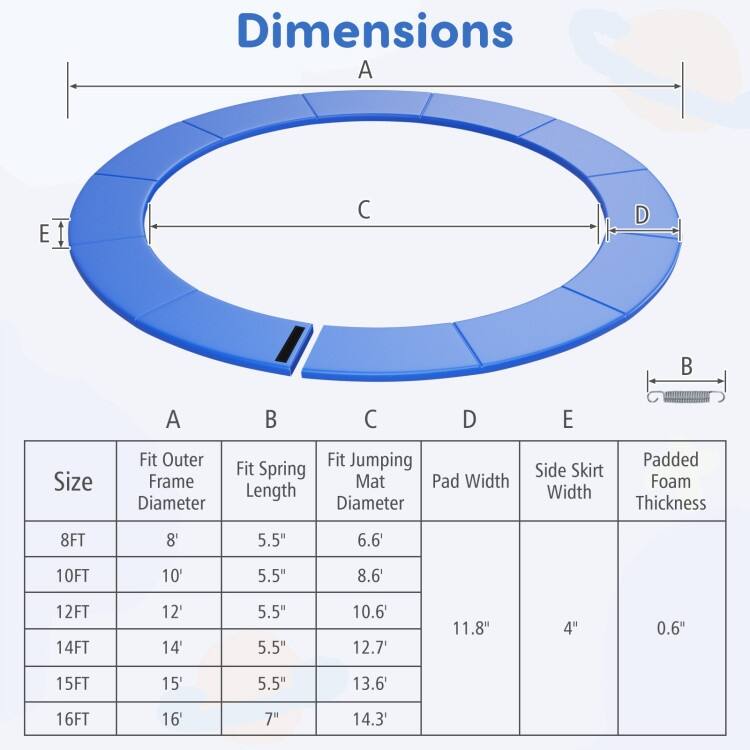 Blue PVC Foam Trampoline Safety Pad with Elastic Straps and Hook Closure