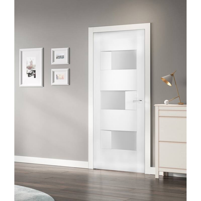 Solid French Door Opaque Glass / Sete 6933 White Silk / Single Regular Panel Frame Handle / Bathroom Bedroom Modern Doors