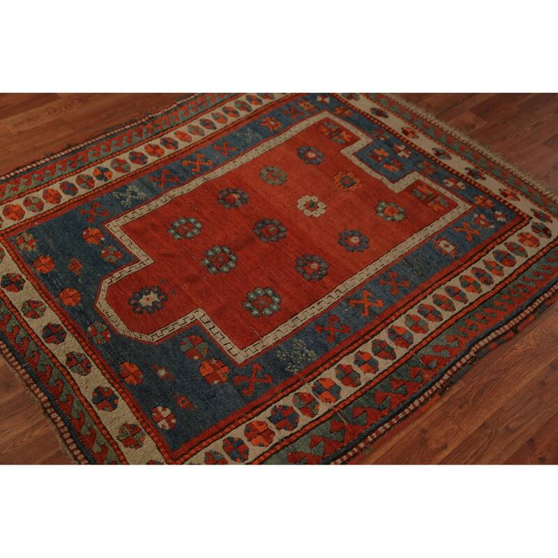 Hand Knotted Oriental 100% Wool Carpet Traditional Geometric Red Kazak Area Rug - 4' 9'' X 4' 0''