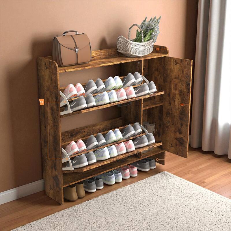 Shoe Cabinet with 2 Flip Drawers and Mirror, Rustic Brown Narrow Shoe Rack with Adjustable Dividers and Metal Legs for Entryway