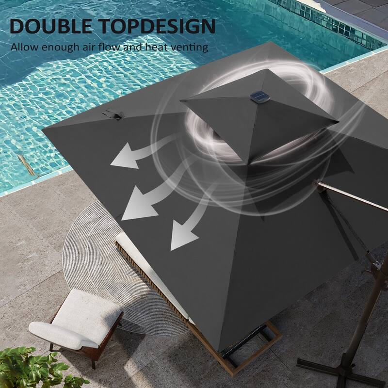 11 FT Square Outdoor Patio Cantilever Umbrella with Solar Lights Double Canopy 360 Rotation Tilt