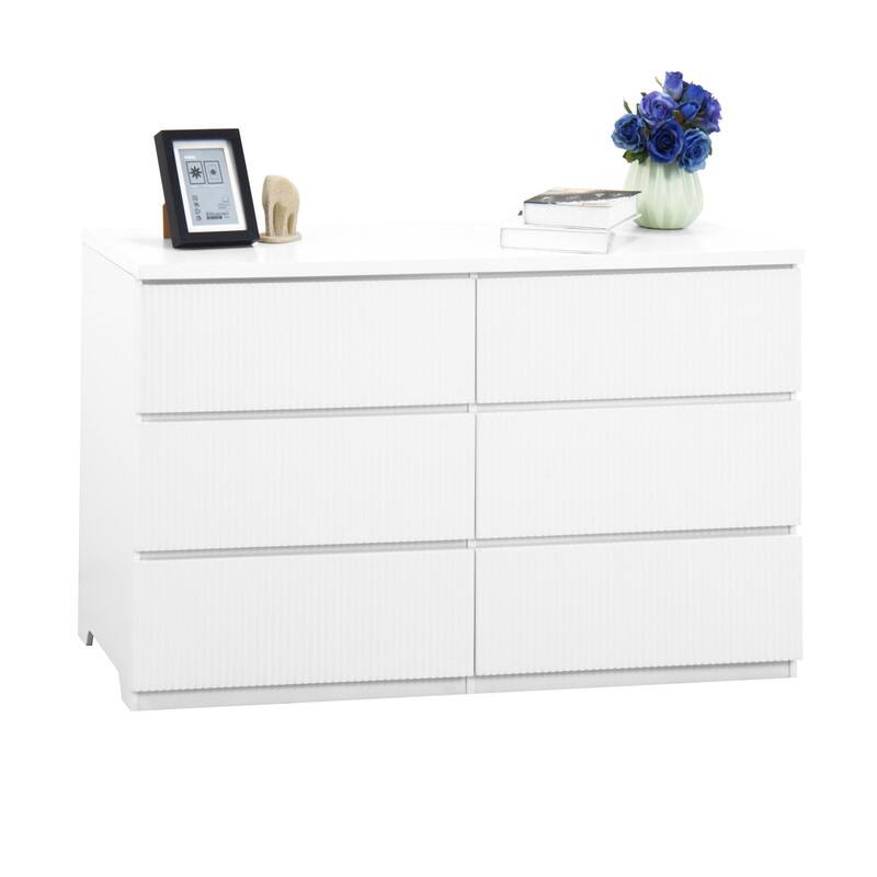 6-Drawer White Storage Cabinet, Modern Wavy Panel Dresser for Bedroom & Living Room