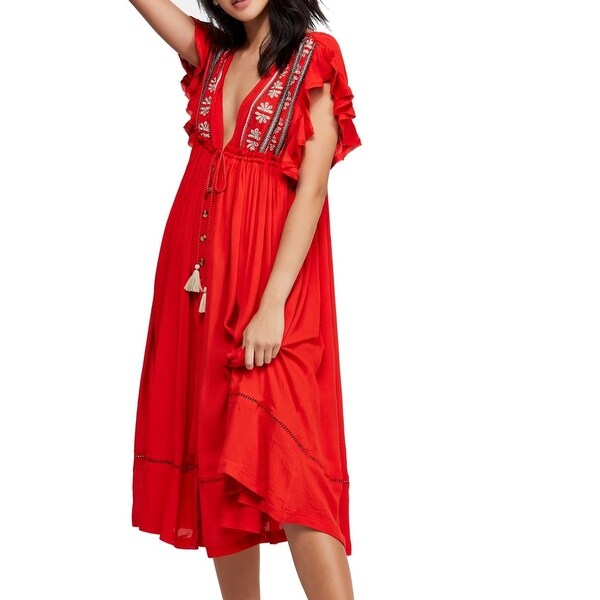 free people red embroidered dress