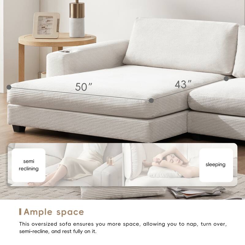 Spacious 4-Seater Corduroy Cloud Couch with Chaise, USB Charging Ports, and Cup Holders