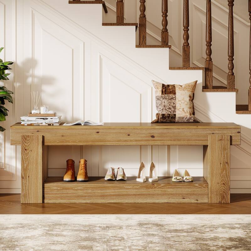 63 Inch Solid Wood Shoe Bench Entryway with Storage, 2-Tier Storage Bench for Bedroom End of Bed