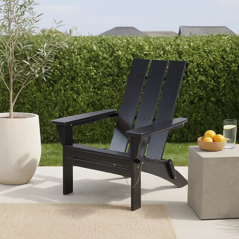 Foldable Outdoor Adirondack Chair, Rustic Black Steel and Acacia Wood