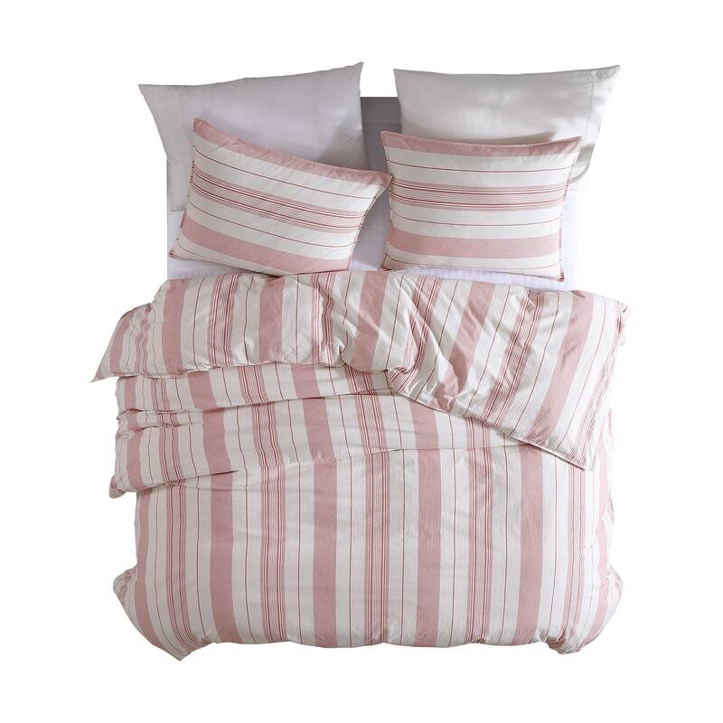 3 Piece Queen Comforter Set with Vertical Stripes Pattern, White and Pink