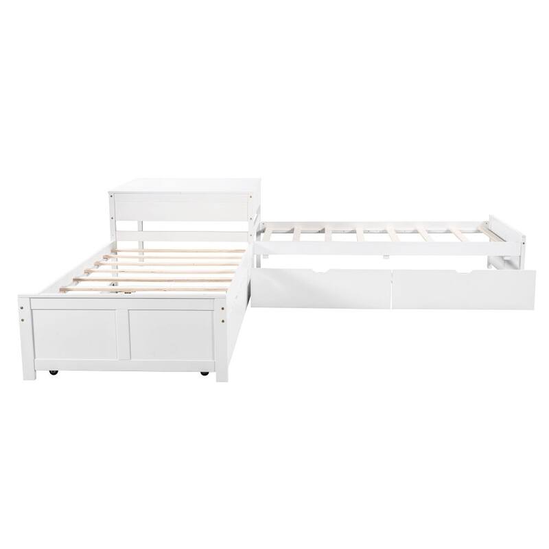 L-shaped Platform Bed with Trundle and Drawers Linked with built-in Desk