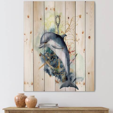 Designart 'Dolphin Turtle Anchor & Linear Coral Reef Plants' Nautical & Coastal Print on Natural Pine Wood