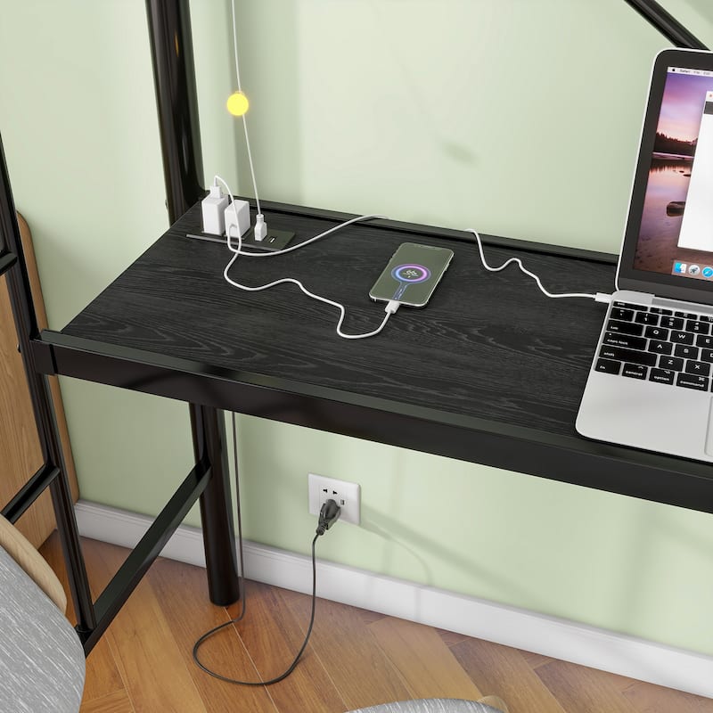 Twin Metal Loft Bed with Built-In Desk, LED Lighting, Power Outlets & USB Ports, Safety Guardrails, Dual Ladders