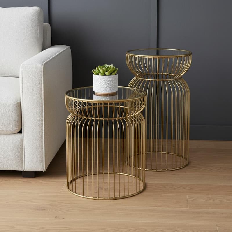 HomeRoots Set of Two Clear and Gold Tempered Glass and Metal Wire Round Drum End Tables - 18.90 in. x 20.08 in. x 18.90 in. - Clear - Glass
