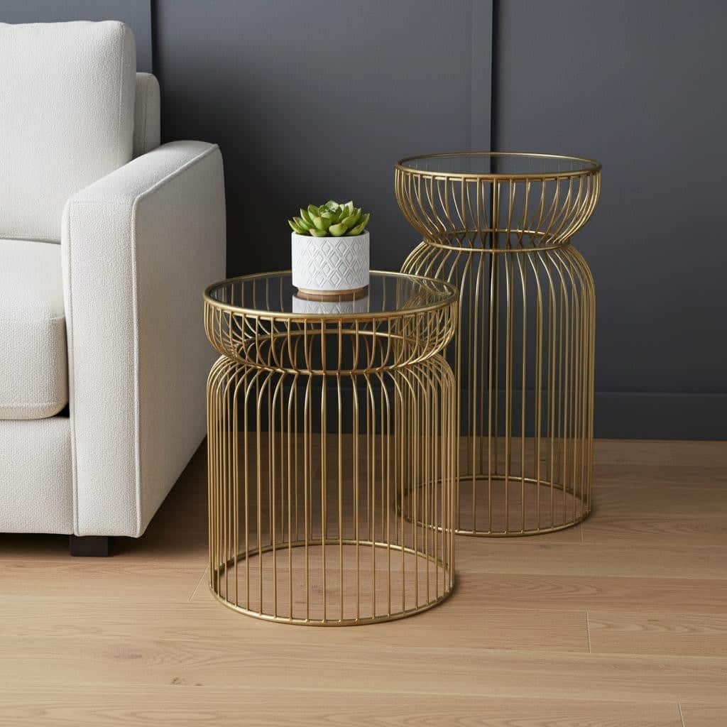 HomeRoots Set of Two Clear and Gold Tempered Glass and Metal Wire Round Drum End Tables - 18.90 in. x 20.08 in. x 18.90 in.