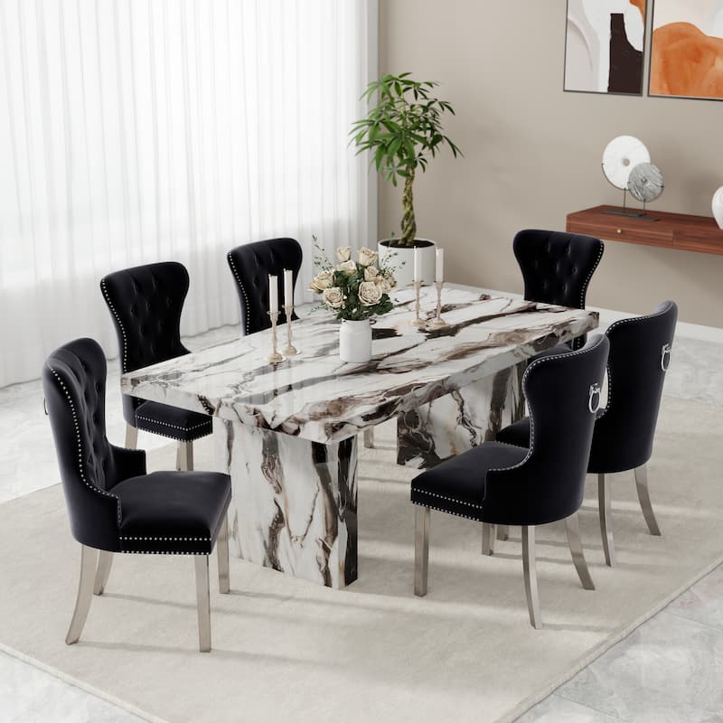 Roundhill Furniture Cavira 7-Piece Modern Faux Marble Dining Set