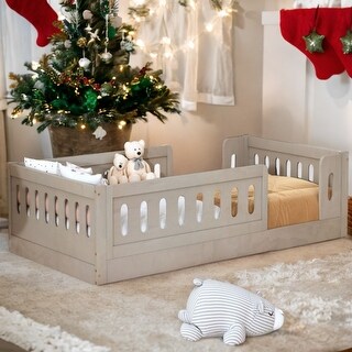 Natural Wood Twin Size Platform Bed with Guardrail and Semi-enclosed Fence For Toddler