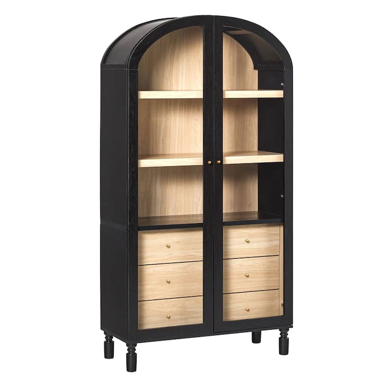 Walker Edison Modern Arched MDF Bookshelf Cabinet with Tall Glass Doors - Black