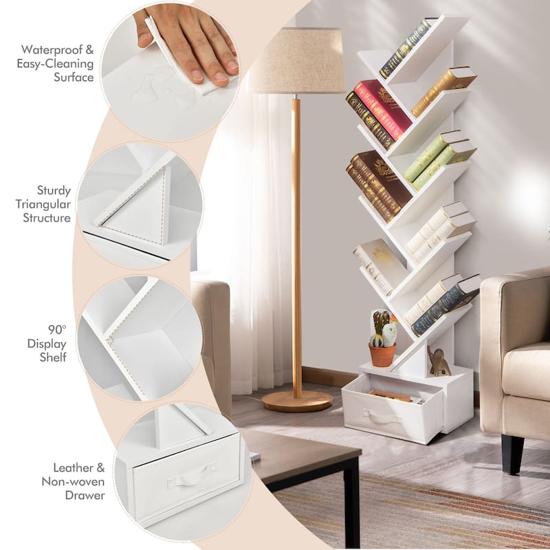 59" Tall Tree Design Bookshelf with 10 Open Shelves and Fabric Drawer for Small Spaces - 15'' x 8.5'' x 59'' (L x W x H)