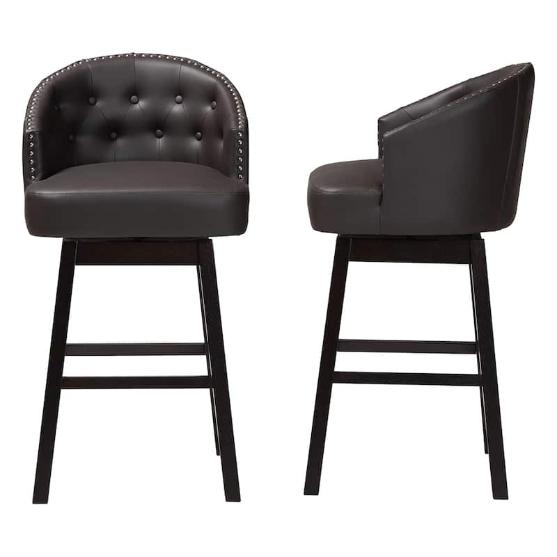 Avril Modern and Contemporary Brown Faux Leather Tufted Swivel Barstool with Nail heads Trim (Set of 2)