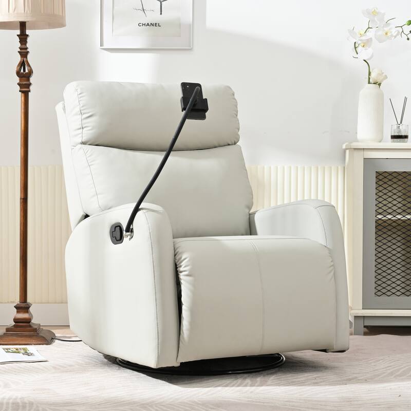 Grey 360° Swivel Rocking Recliner with Adjustable Footrest, Padded Comfort, and Phone Holder