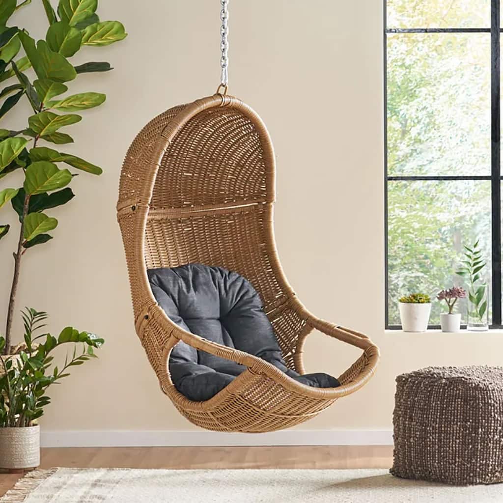 Roomfitters Hanging Wicker Egg Chair, Teardrop Rattan Swing Seat with Plush Dark Grey Cushion and Steel Chain for Patio, Natural