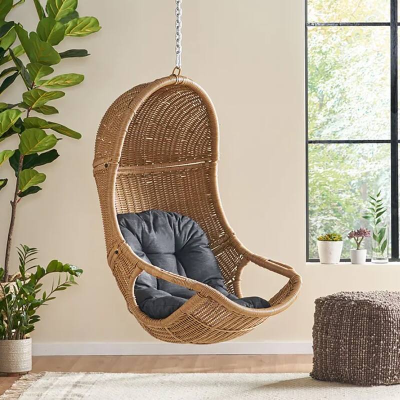 Roomfitters Hanging Wicker Egg Chair, Teardrop Rattan Swing Seat with Plush Dark Grey Cushion and Steel Chain for Patio, Natural