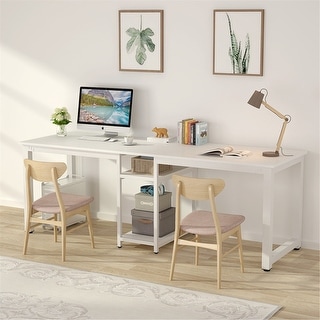 White 78 Inches Rectangle Computer Desk Double Workstation, Two Person Office Desk with Shelves