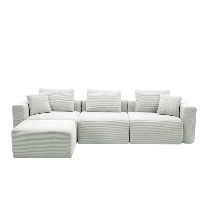 Corduroy Sectional Modular Sofa with Square Arms & Ottoman Extension for Flexible Arrangements - 3-Seater & 1 Ottoman - Mist Grey