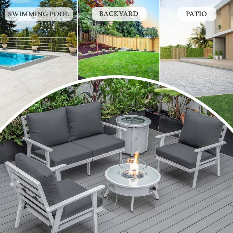 Walbrooke Modern 5-Piece Outdoor Aluminum Conversation Set of 3 Polyester Chairs, Fire Pit Table with Lid and Tank Holder