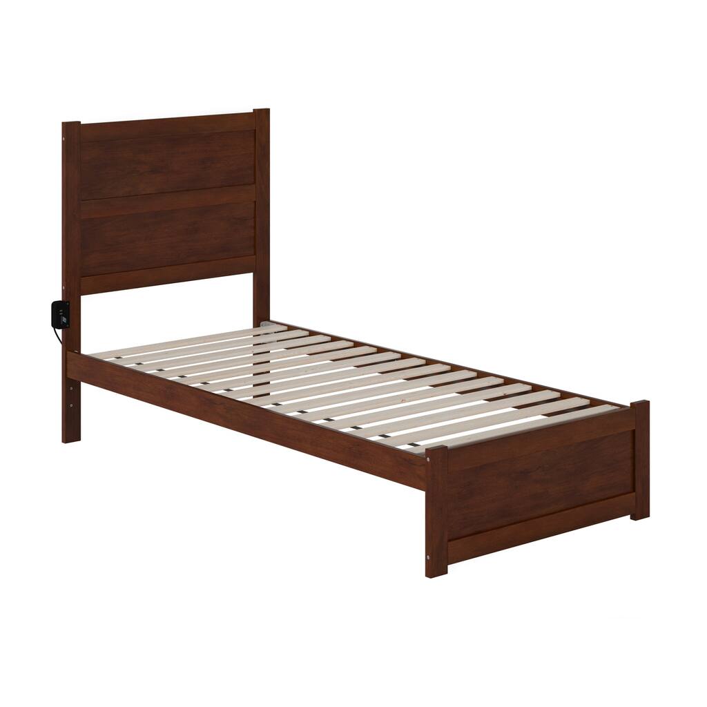 Platform Bed Frame with Footboard & Charging Station - Modern Wood Slat Support Bed