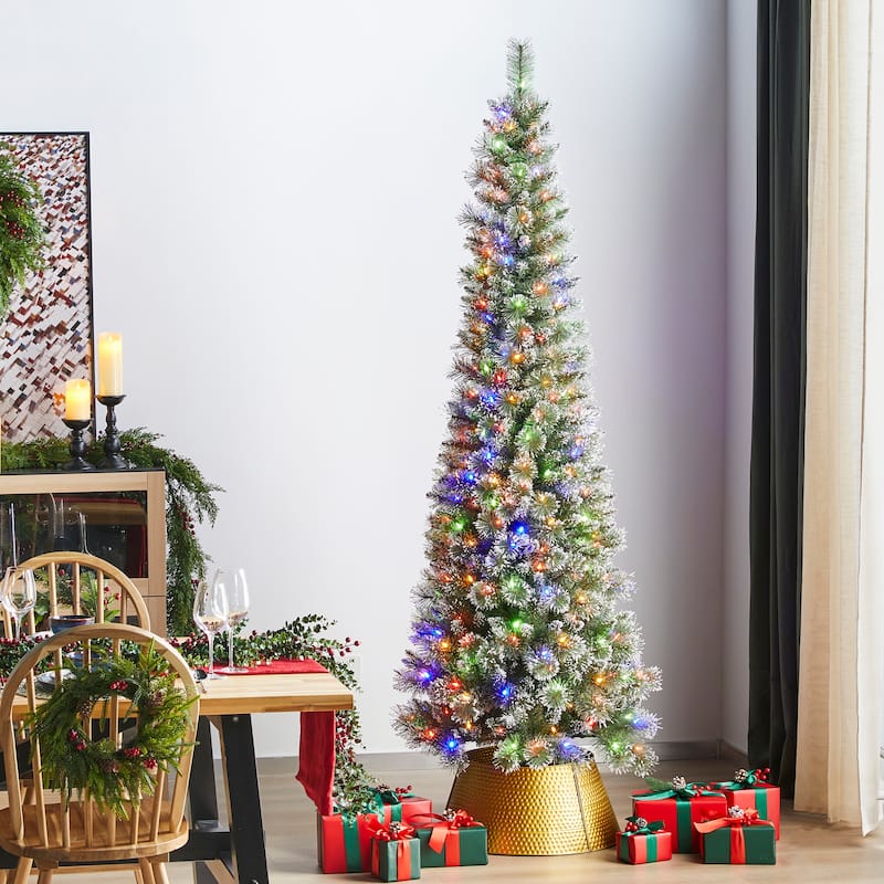 Glitzhome 7.5/9 FT Pre-Lit Frosted Cashmere Pencil Pine Artificial Christmas Tree with Clear Lights Remote Control - 7.5 FT