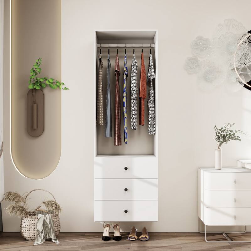 Modular Closet System Organizer with Hanging Rod and Adjustable Shelves, Wall-Mounted Walk in Closet Organizer with Drawers - White-A6