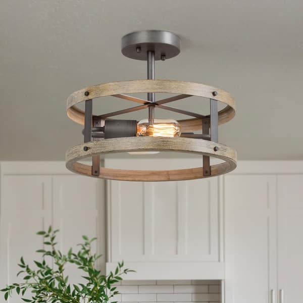 slide 2 of 20, Modern Farmhouse 2-Light Drum Semi-Flush Mount Ceiling Light for Hallway and Foyer Light Wood Grain