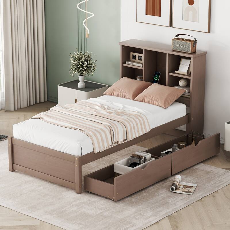 Modern Twin Size bed Frame With Built-in USB Port on Bookcase Headboard and 2 Drawers for Walnut Color