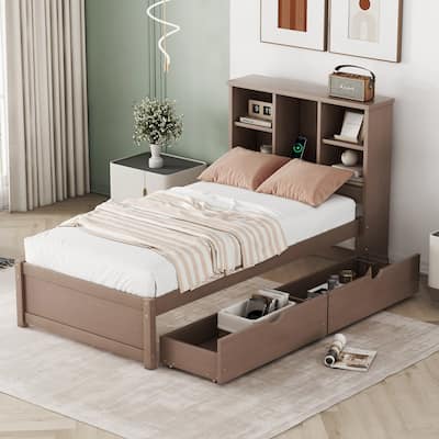 Walnut Modern Twin Size Bed with Built-in USB Port on Bookcase Headboard and 2 Drawers
