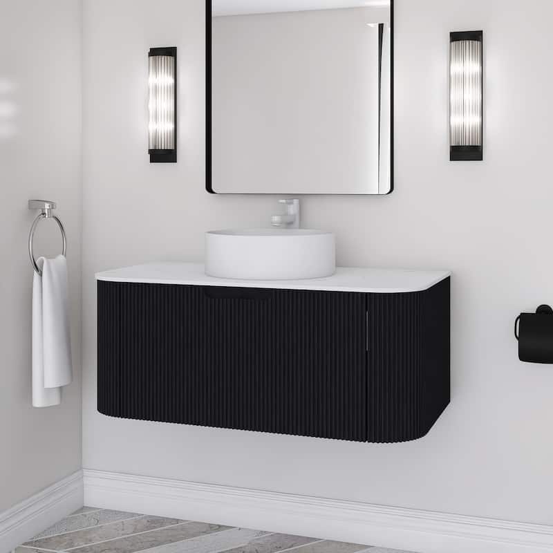 Wall-Mounted Bathroom Vanity with White Round Ceramic Sink - 35.83'' x 18.9'' x 19.33'' - Black