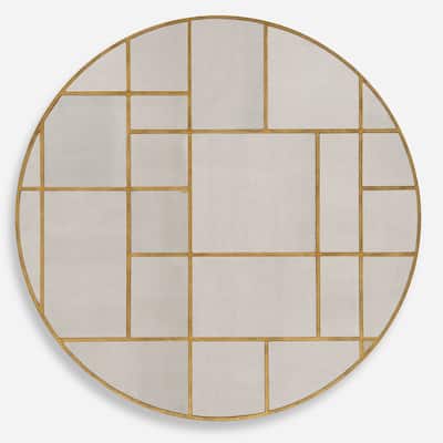 Geometric Grid Round Wall Mirror - 45" - Antiqued Gold Finish