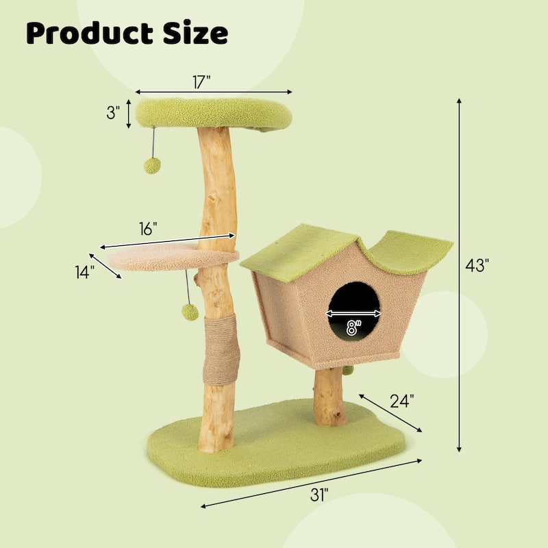43 Inch Wooden Cat Tree with Padded Top Perch-Green - 31" x 24" x 43"
