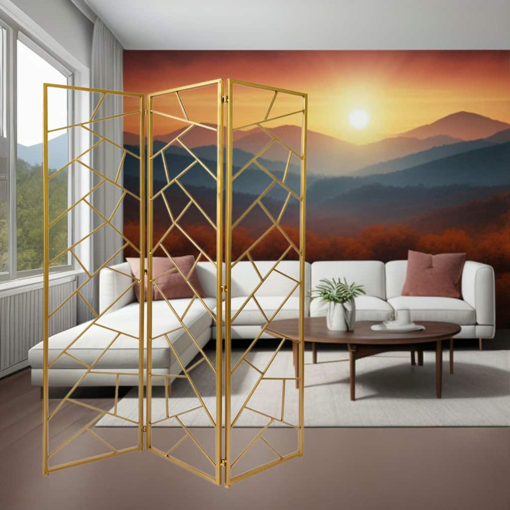 HomeRoots 71" Gold IronFolding Three Panel Screen Room Divider - 47' X '71' X '1