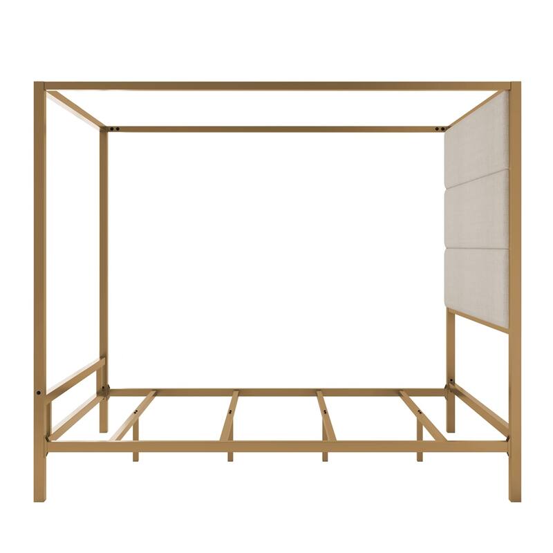 Metal Canopy Bed with Velvet Fabric Upholstered Headboard