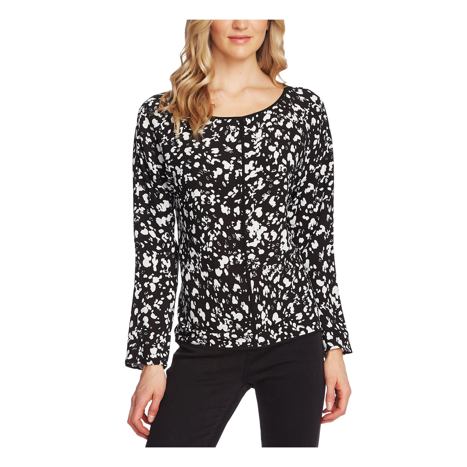 VINCE CAMUTO Womens Black Printed Long Sleeve Scoop Neck Top Size L