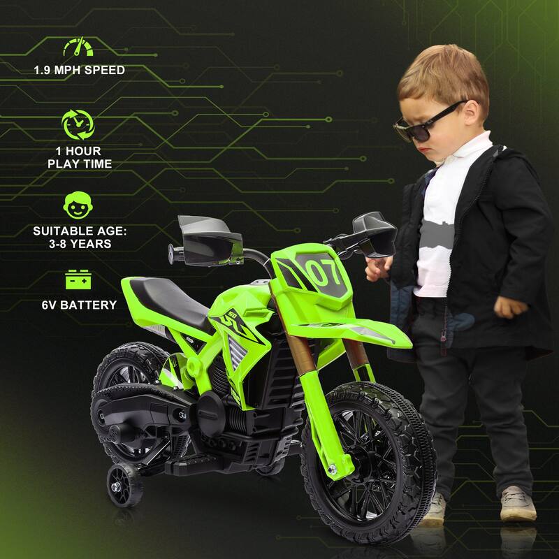 6V Battery-Powered Kids Motorcycle with Training Wheels, Horn & Start Sound, for 3-8 Year Olds