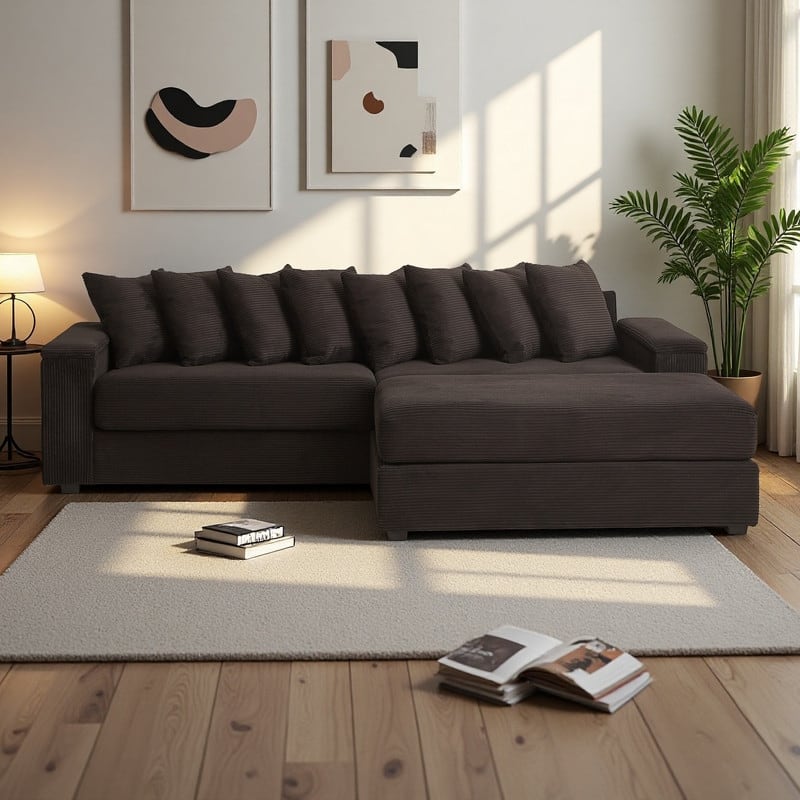 104" Corduroy L-Shaped Sectional Sofa with Ottoman Included, 8 Pillows and Armrest Storage - Black