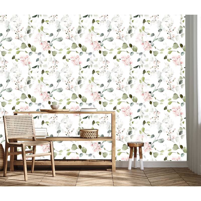 Green Eucalyptus leaves Peel and Stick Wallpaper 10'L x 24''W
