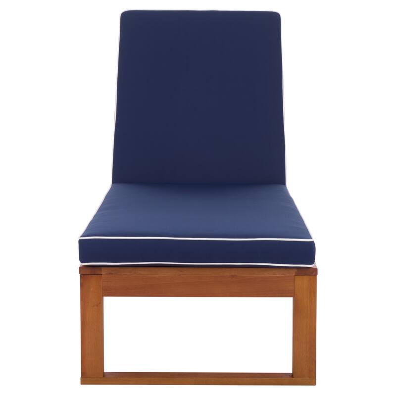 SAFAVIEH Outdoor Patio Furniture Sophie Solid Wood Chaise Lounge Chair - 28"W x 79"D x 15"H - Natural/Navy