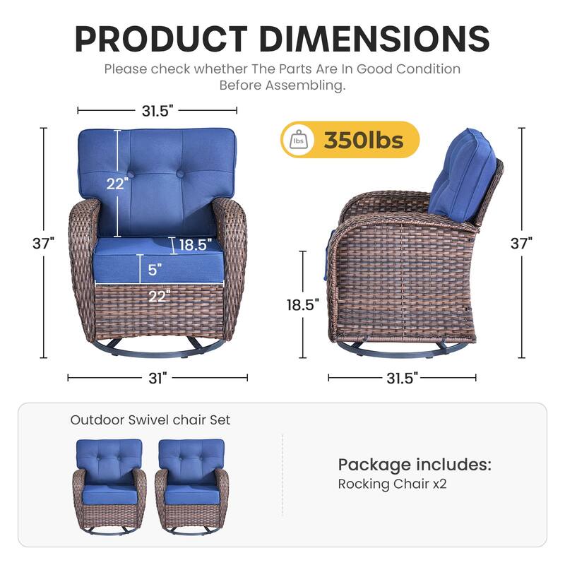 Gymojoy Wide T-Shaped High Back Swivel Glider Chairs Set with 5-inch Cusion for Patio & Balcony