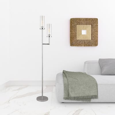 HomeRoots 69" Nickel Two Light Torchiere Floor Lamp With Clear Transparent Glass Drum Shade - 69" Tall
