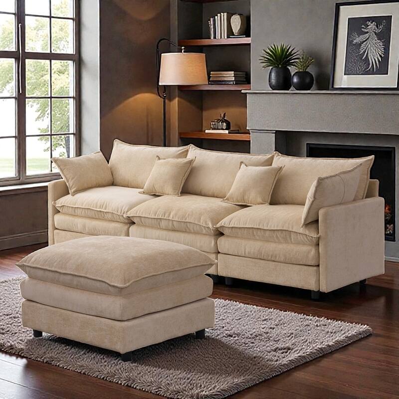 105" L-Shaped Modular Sectional Sofa with Ottoman, Soft Chenille Upholstery, 3-Seater Couch