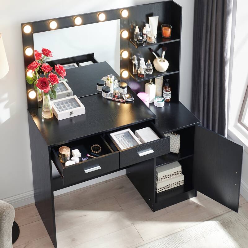 Vanity Desk with Mirror and Lights, with 2 Drawer&Vertical Organizer, 3 Level Dresser & 3 Lighting Modes Adjustable Brightness