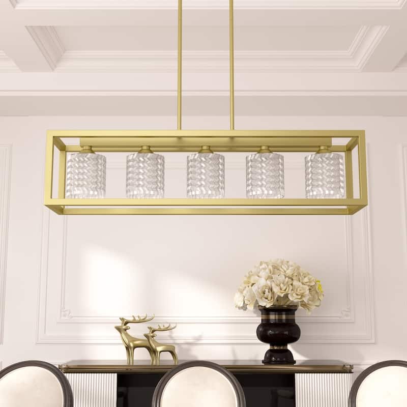 Acroma Mid-century 5-light Crystal Rectangle Chandelier for Dining Room - 37 inches - Brass Gold