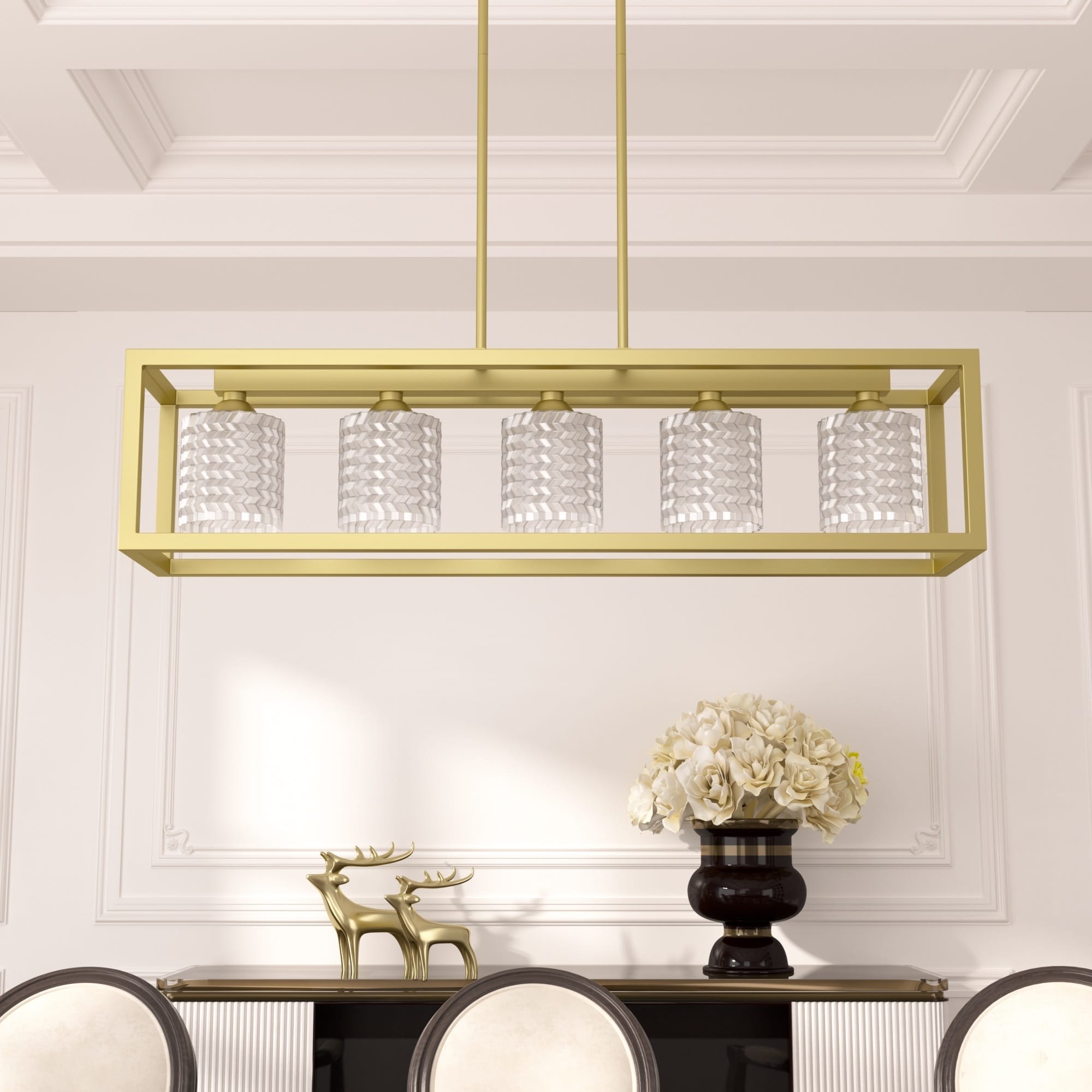 Mid-century Modern 5-light Gold Rectangle Dining Room Chandelier with Crystal Glass - UL - 37 inches