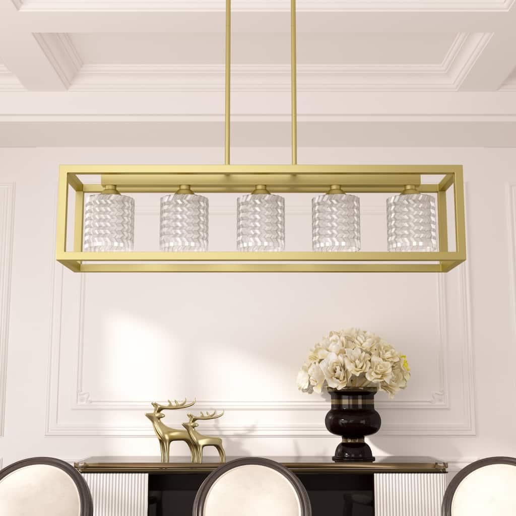 Mid-century Modern 5-light Gold Rectangle Dining Room Chandelier with Crystal Glass - UL - 37 inches